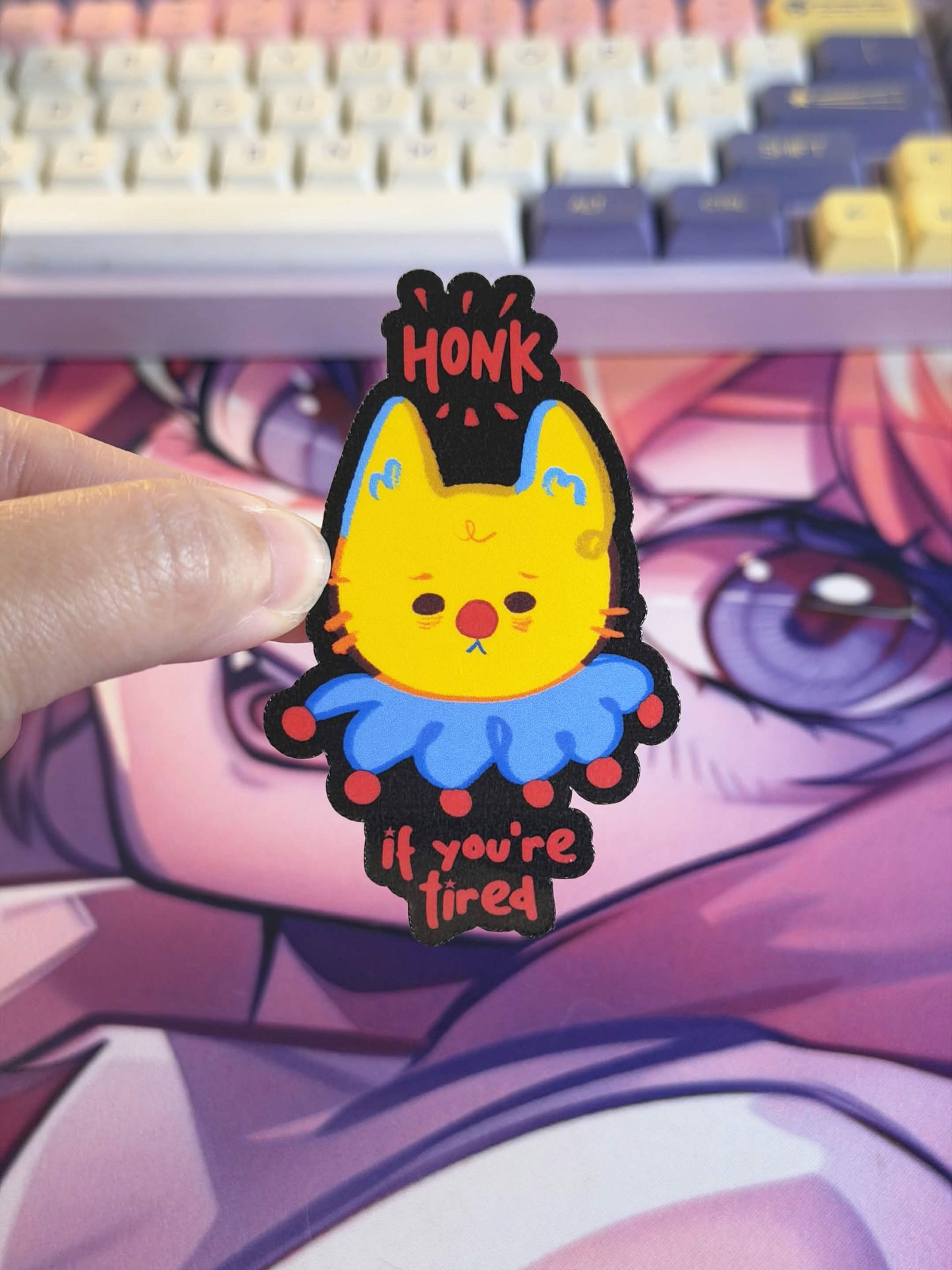 "Honk if you're tired" Clown Cat Sticker
